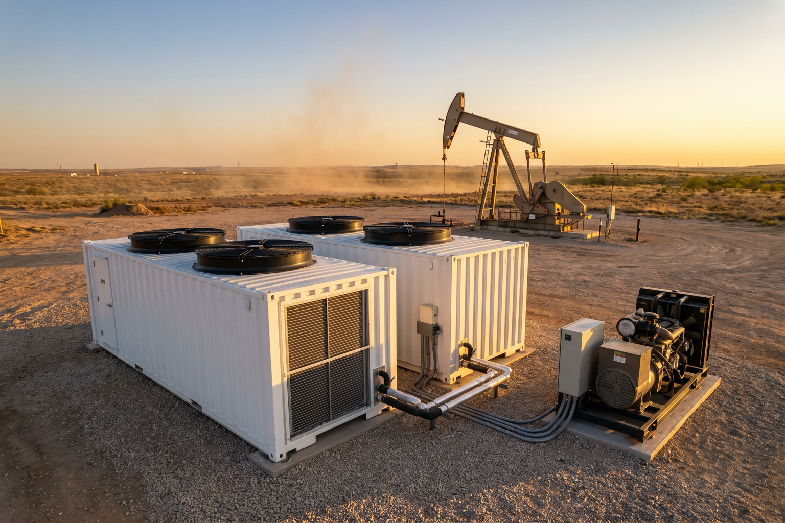 Modular Compute Village GPU containers powered on-site by captured stranded wellhead gas, beside a Texas pumpjack